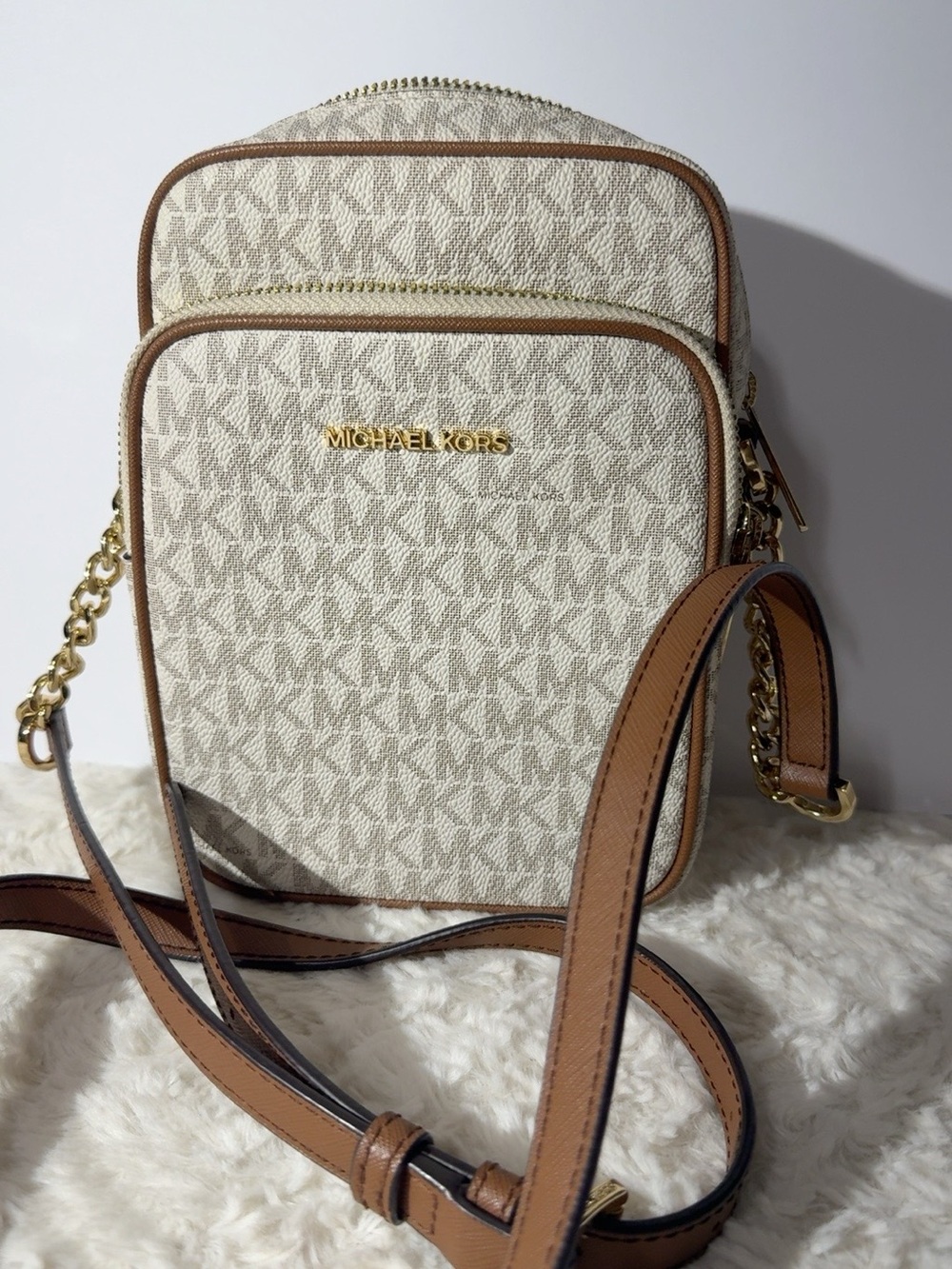 Michael Kors Cream Signature MK Crossbody with Brown Trim
